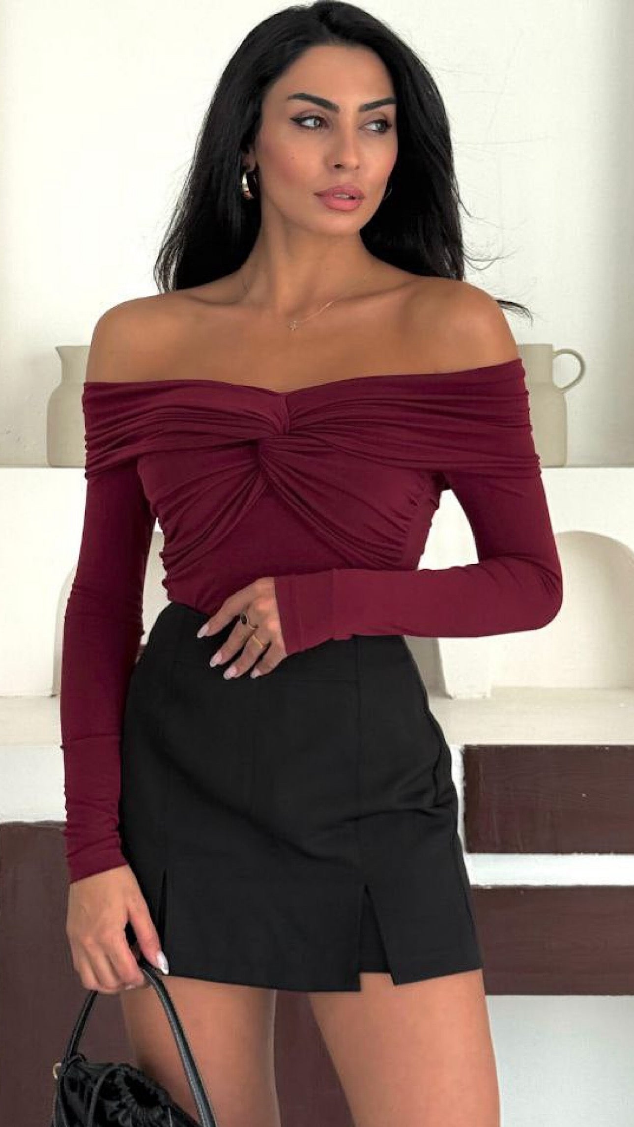 MADONNA TWIST OFF SHOULDER TOP (BURGUNDY)