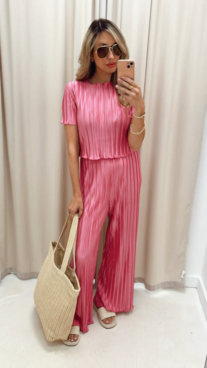 VIVIAN PINK PLISSE SATIN PANT SET