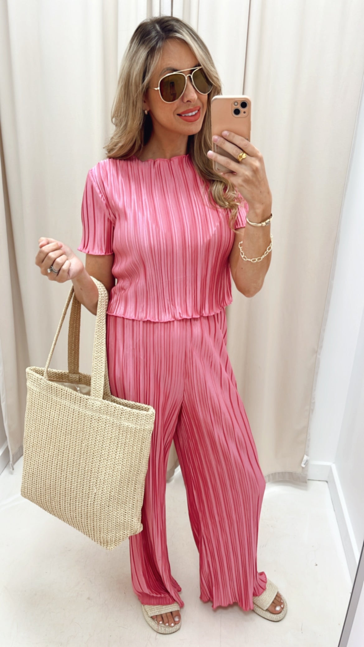 VIVIAN PINK PLISSE SATIN PANT SET