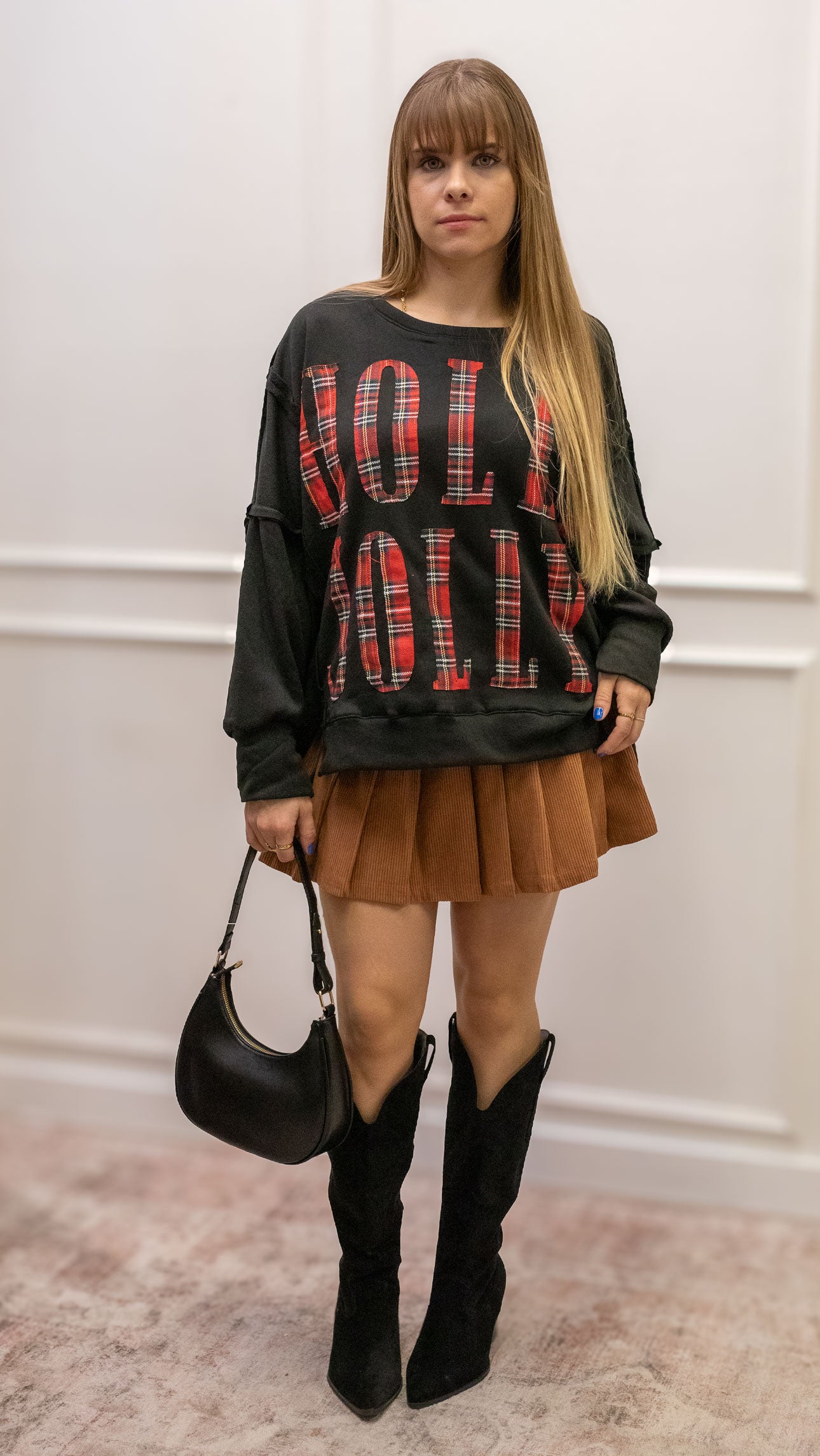 HOLLY JOLLY SWEATSHIRT (BLACK/RED PLAID)