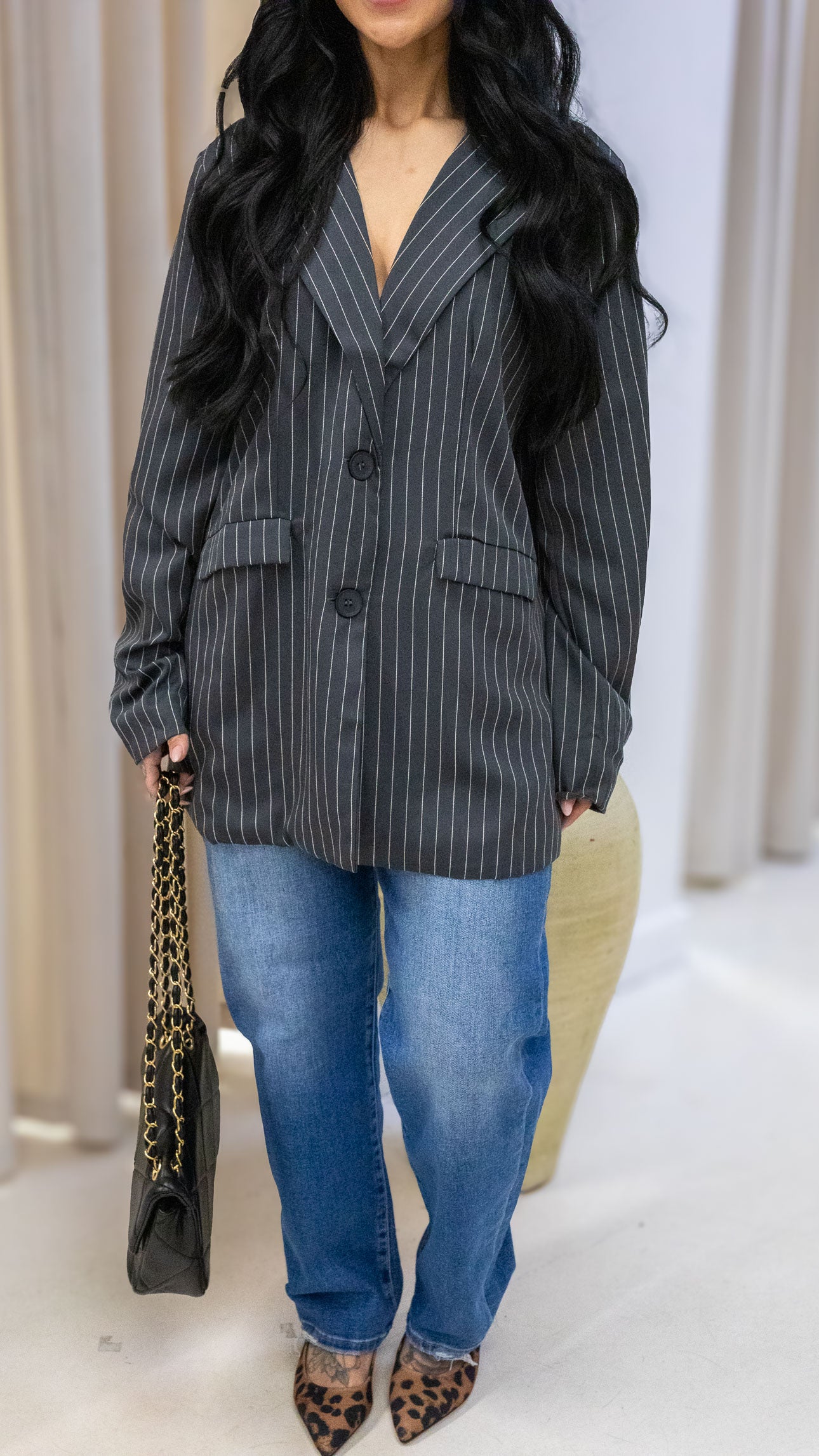 SYLVIE PINSTRIPE BOYFRIEND BLAZER (CHARCOAL)