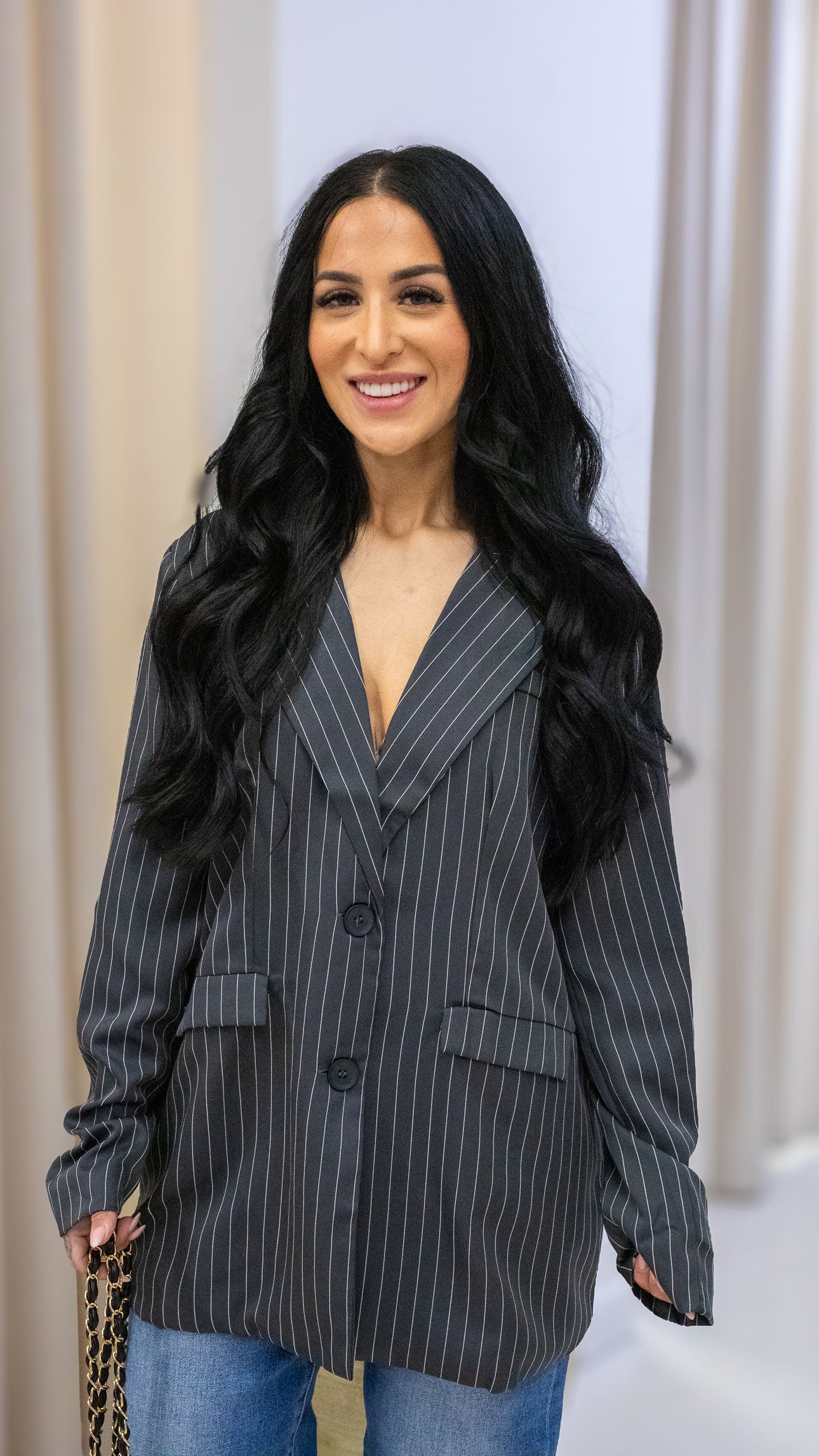 SYLVIE PINSTRIPE BOYFRIEND BLAZER (CHARCOAL)