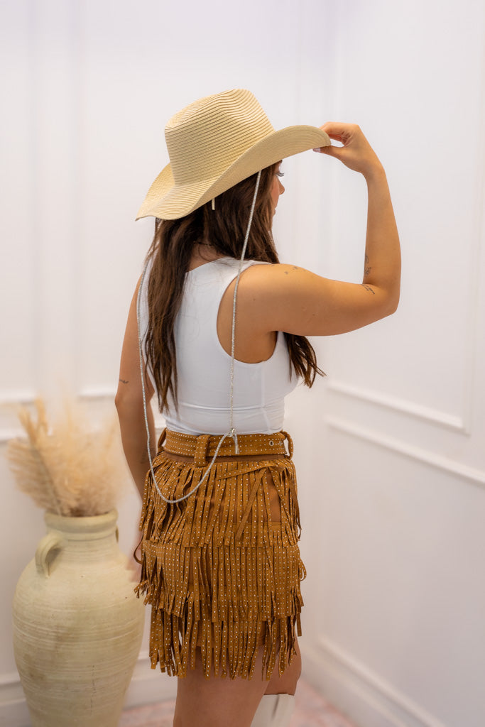 NEW NEVE FRINGE RHINESTONE BELTED SKIRT (BROWN)