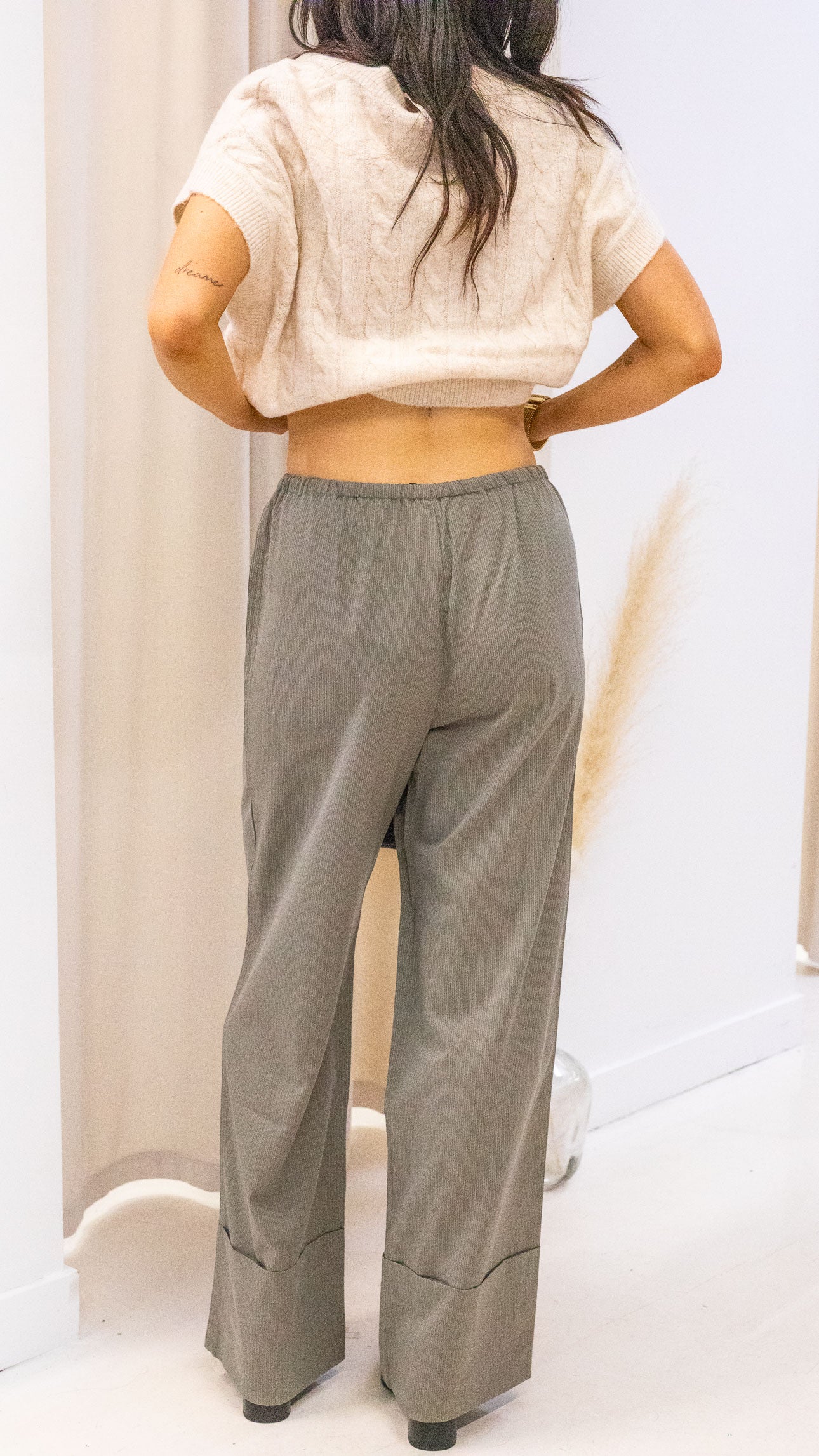 WIDE CUFF PINSTRIPE DRAWSTRING PANTS