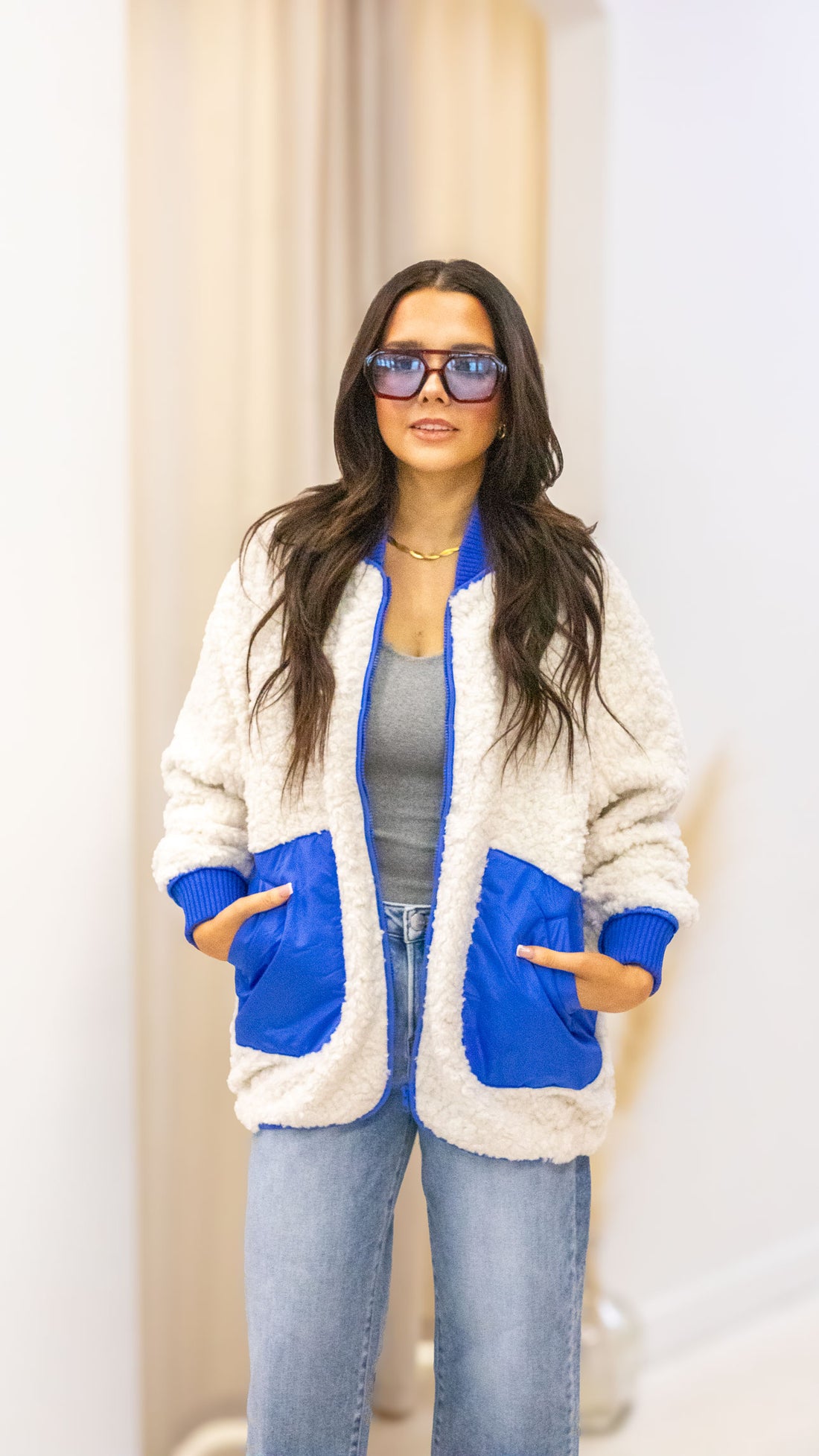 TEXTURED CONTRAST POCKET FLEECE JACKET