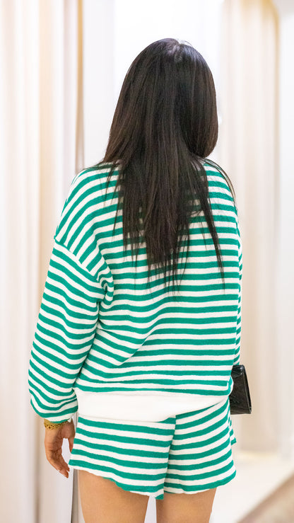 STRIPED RIB BANDED PULLOVER &amp; SHORTS SET