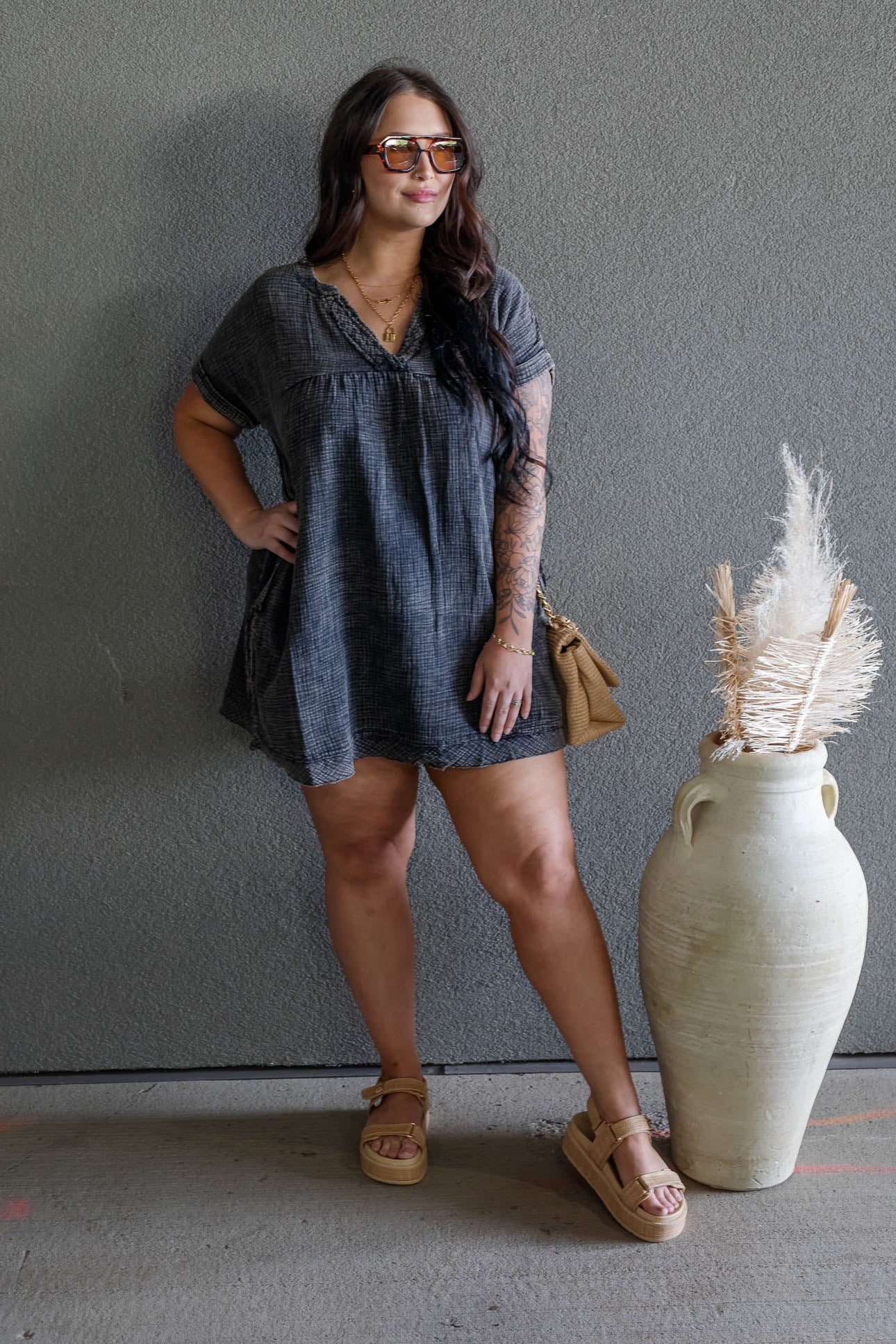 ARIANE DOUBLE GAUZE SHIRT DRESS (ASH BLACK)