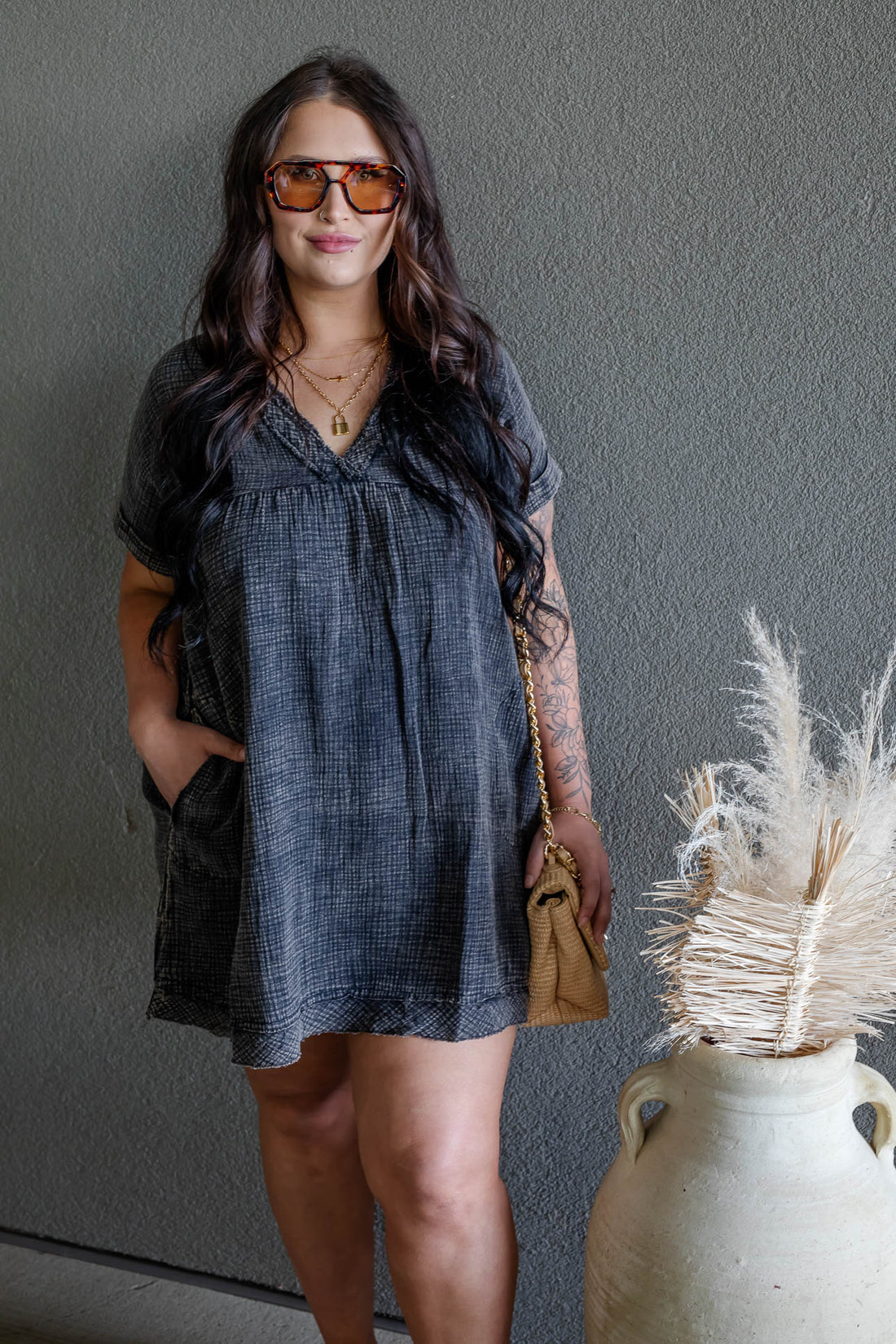 ARIANE DOUBLE GAUZE SHIRT DRESS (ASH BLACK)