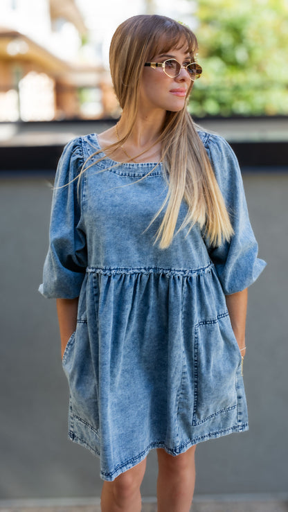 KORA DENIM BABYDOLL MINI DRESS