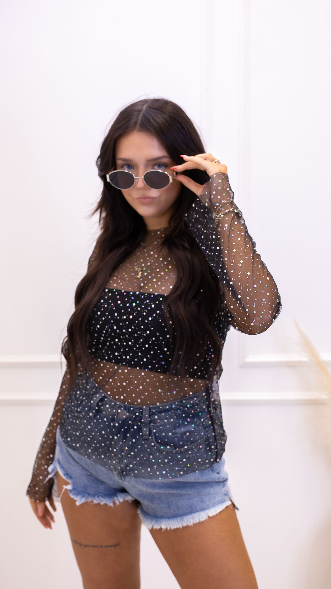 TAYLA MESH SPARKLY TOP & BRA(BLACK)