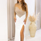 NEW RILEY RHINESTONE/PEARL MAXI GOWN (TAN/WHITE)
