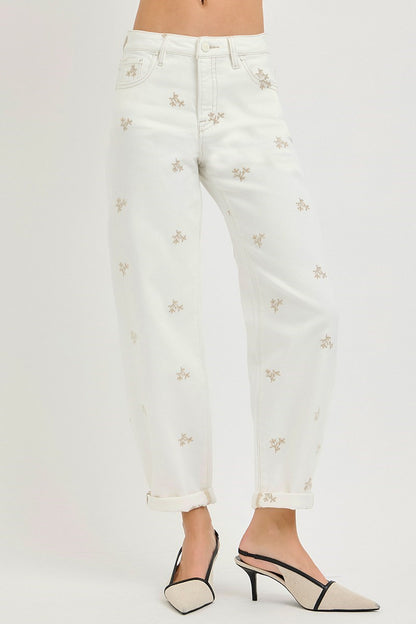 KLOE HIGH RISE LEAF EMBO DETAILED BARREL PANTS