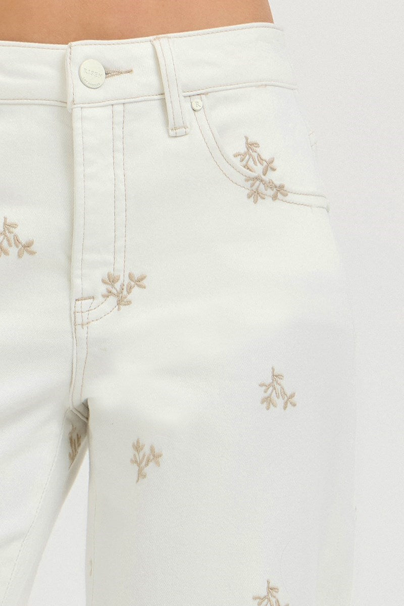 KLOE HIGH RISE LEAF EMBO DETAILED BARREL PANTS