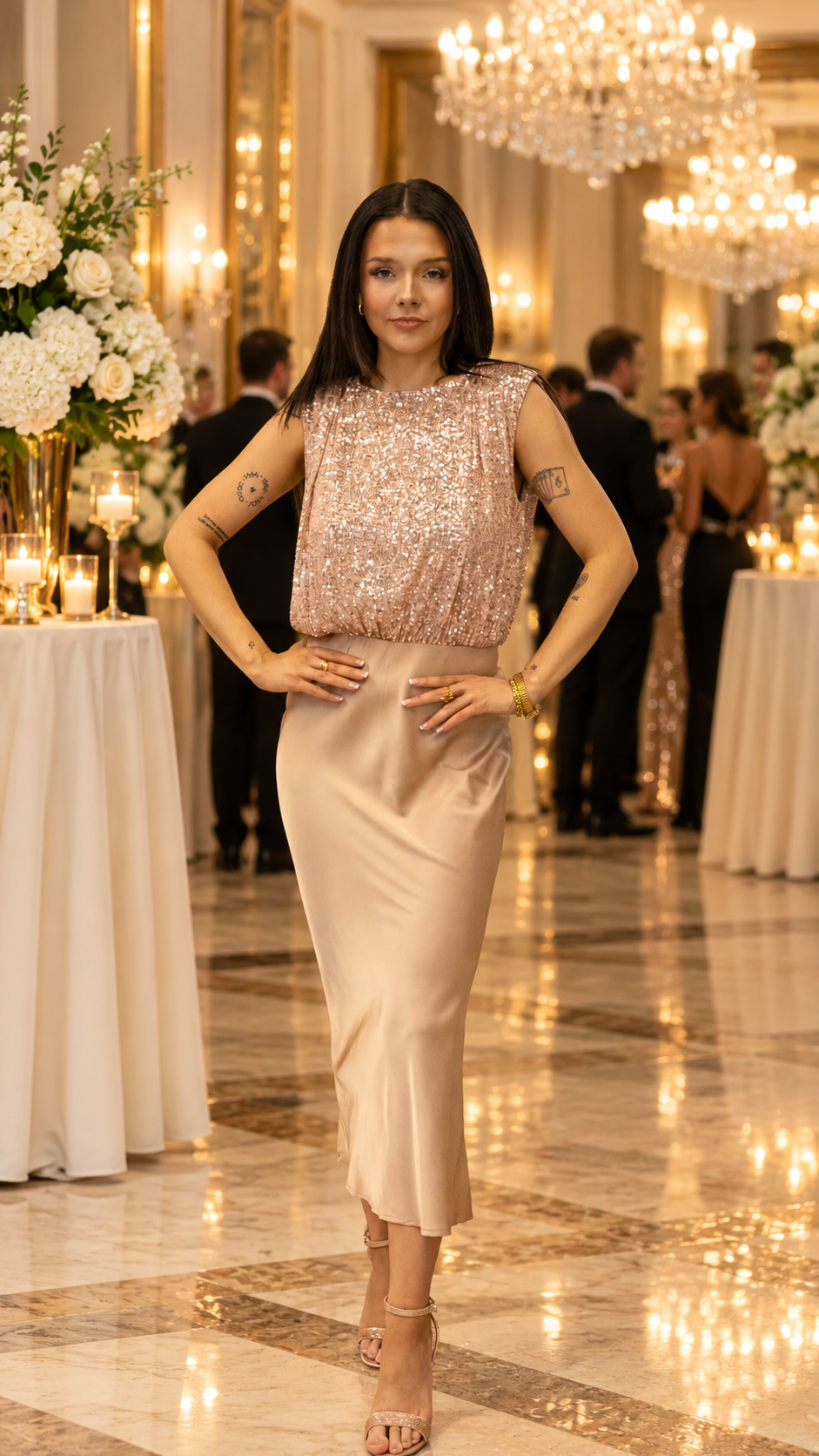 SEQUINS TOP SATIN MIDI DRESS