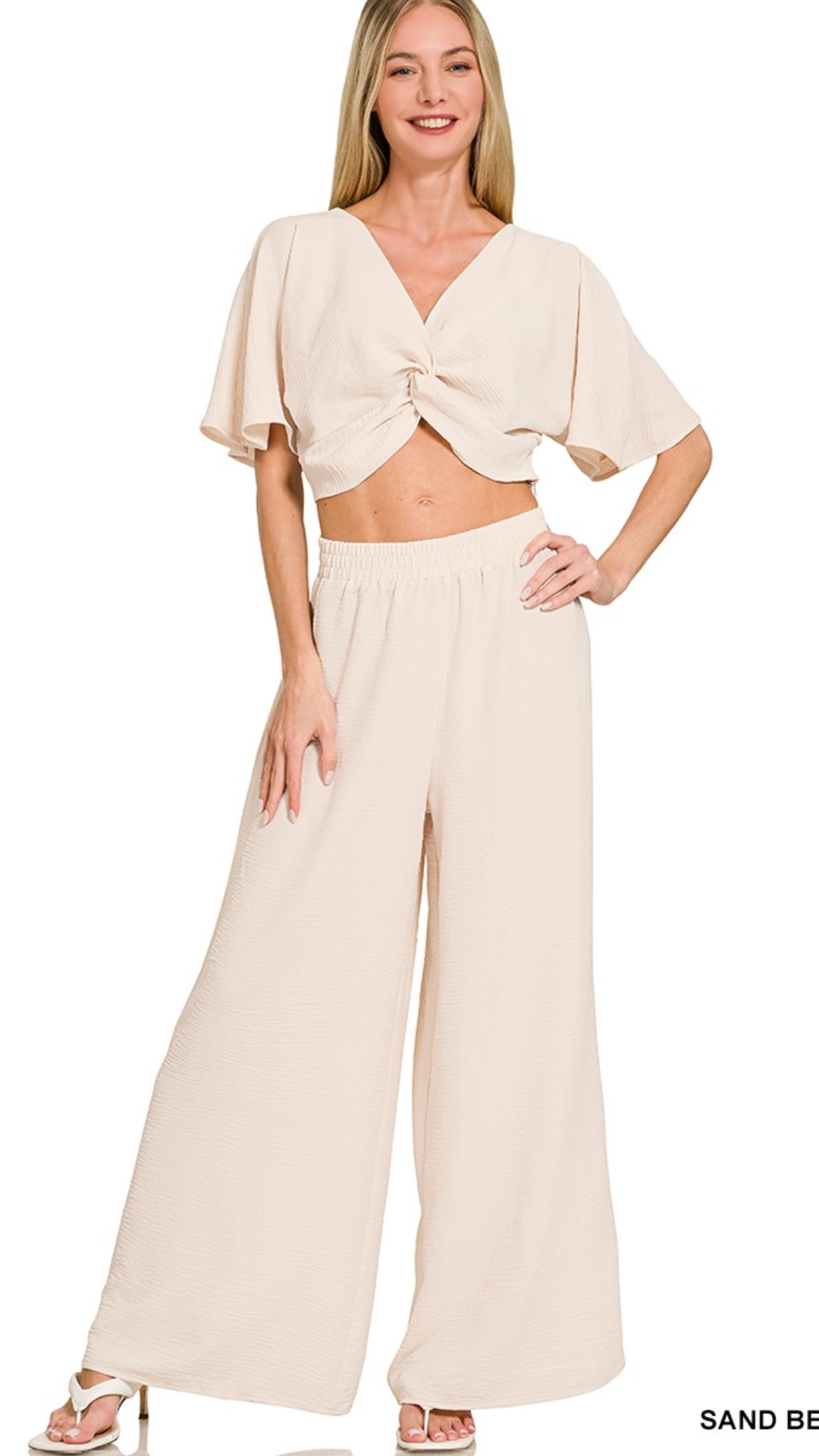 WOVEN AIRFLOW TWISTED TOP &amp; WIDE LEG PANTS SET