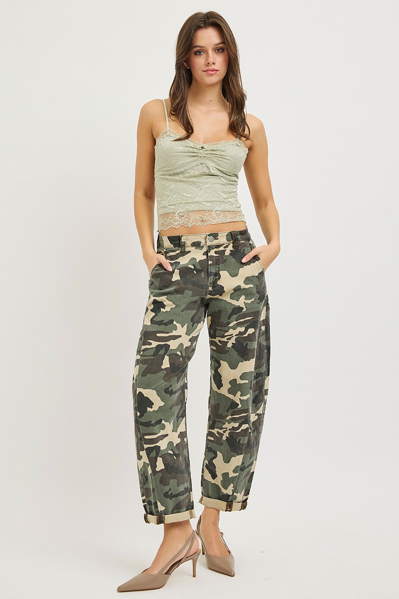 HIGH RISE ANKLE BARREL DOUBLE ROLL UP PANTS