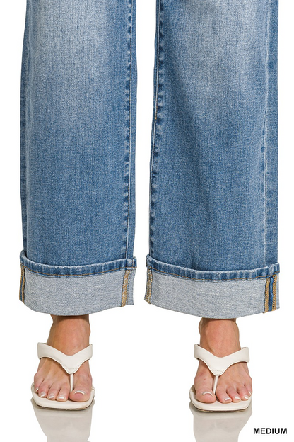 HIGH RISE CUFFED WIDE LEG DENIM PANTS