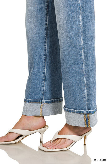 HIGH RISE CUFFED WIDE LEG DENIM PANTS