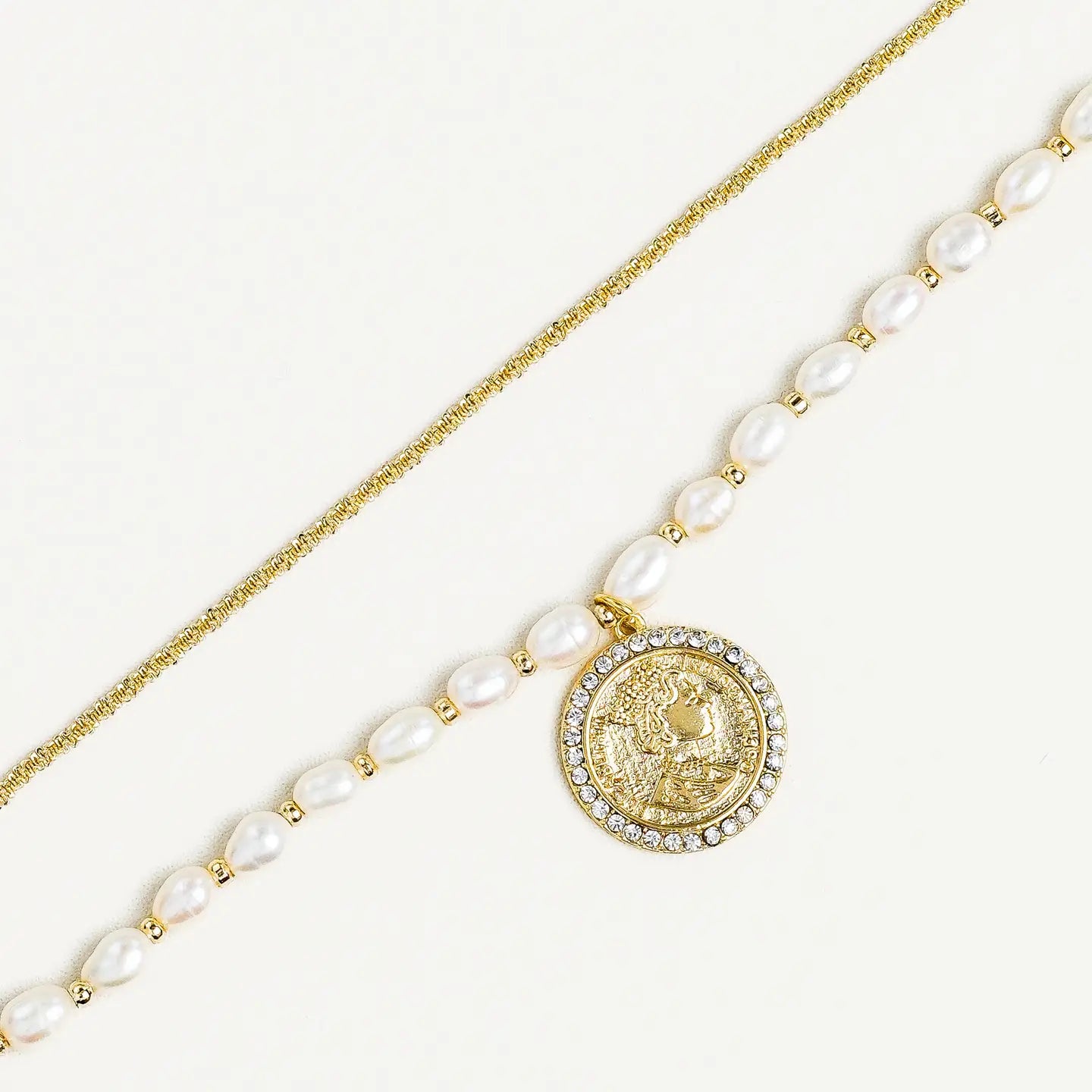 NEW 18K GOLD STACK PEARL & COIN NECKLACE